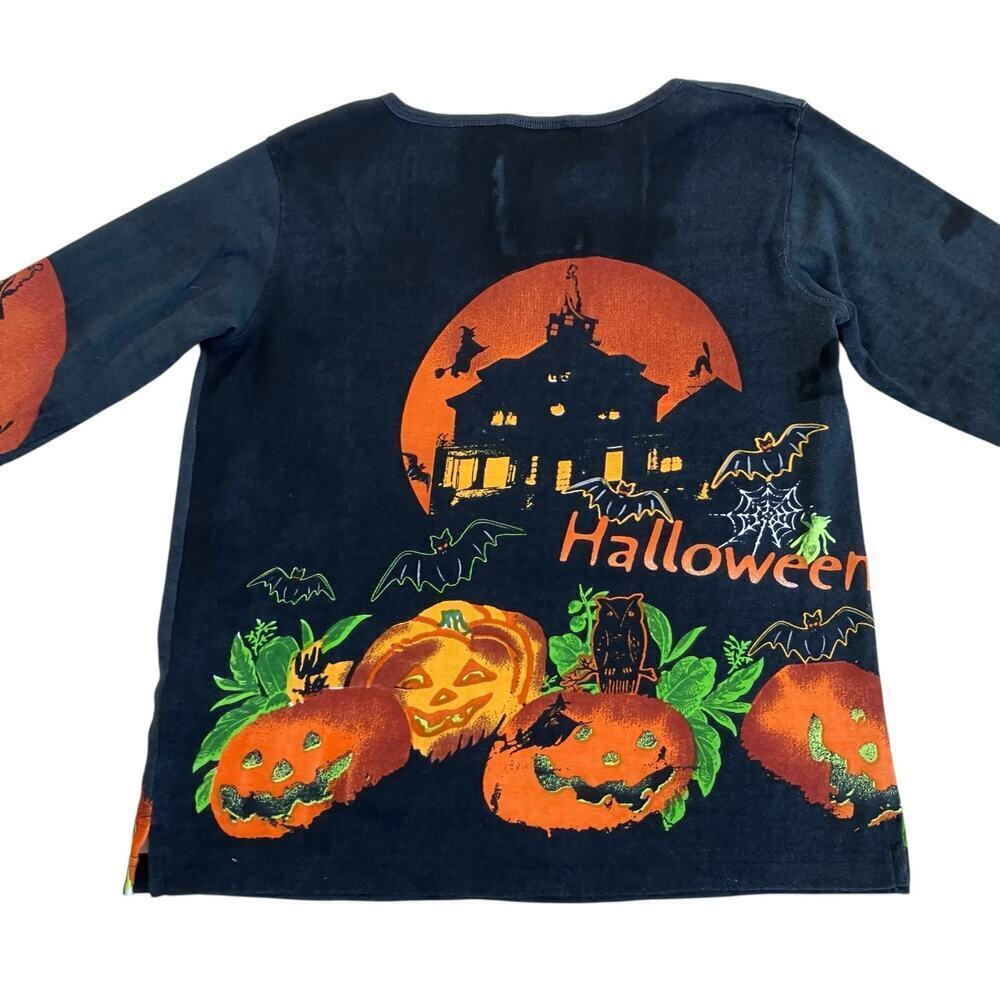 Vintage Jane Ashley Sz M Halloween Shirt Black Orange Beaded Haunted House - Picture 9 of 15